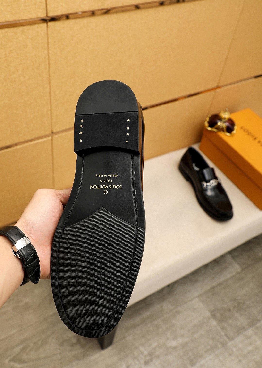 Louis Vuitton Black Metal-Hardware Loafers — detail