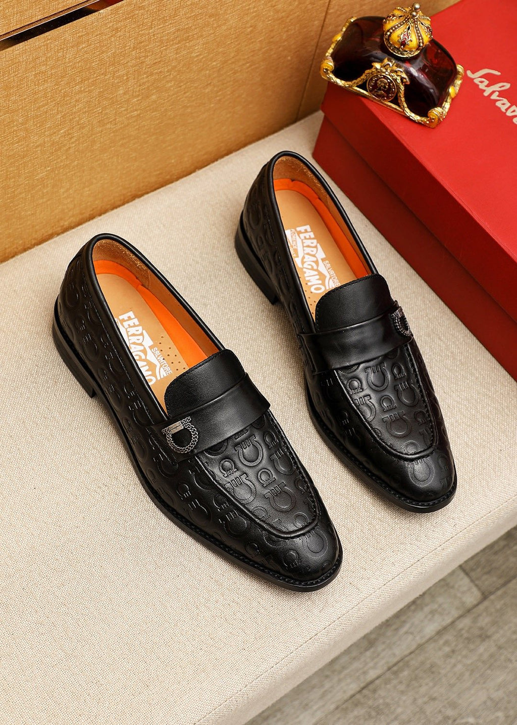 Ferragamo Embossed Buckle Loafers — front